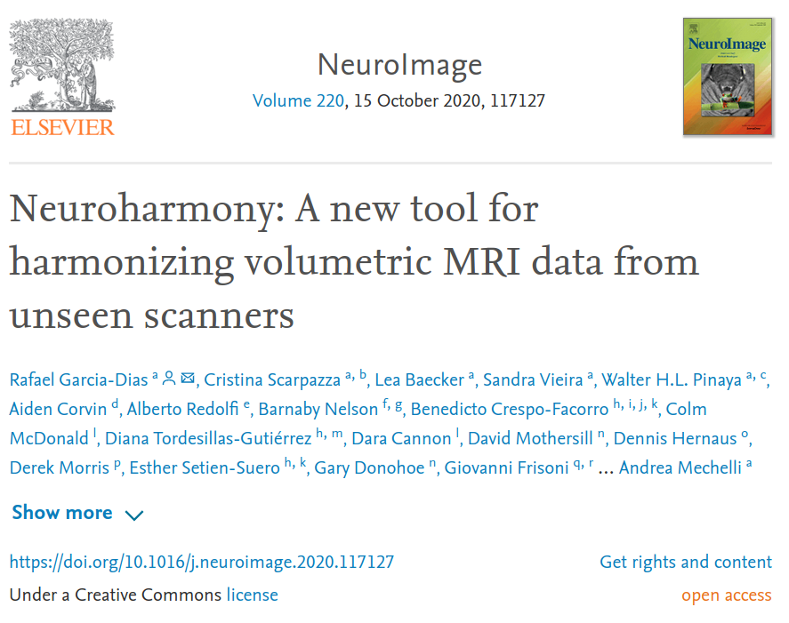 Front pafe of the article "Neuroharmony: A new tool for harmonizing volumetric MRI data from unseen scanners".